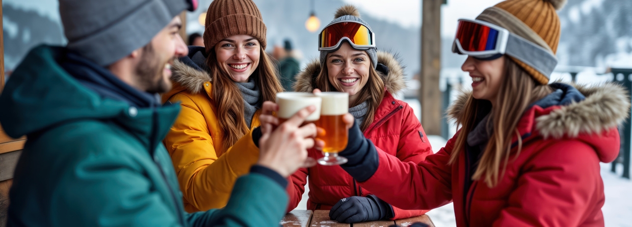 Wintersporters drinken alcohol aan een tafel tijdens het skiën